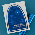 Spellbinders Winter Peace Press and Foil Plate and Die Set bp-378 blue and white snowflakes sequins blue arch card
