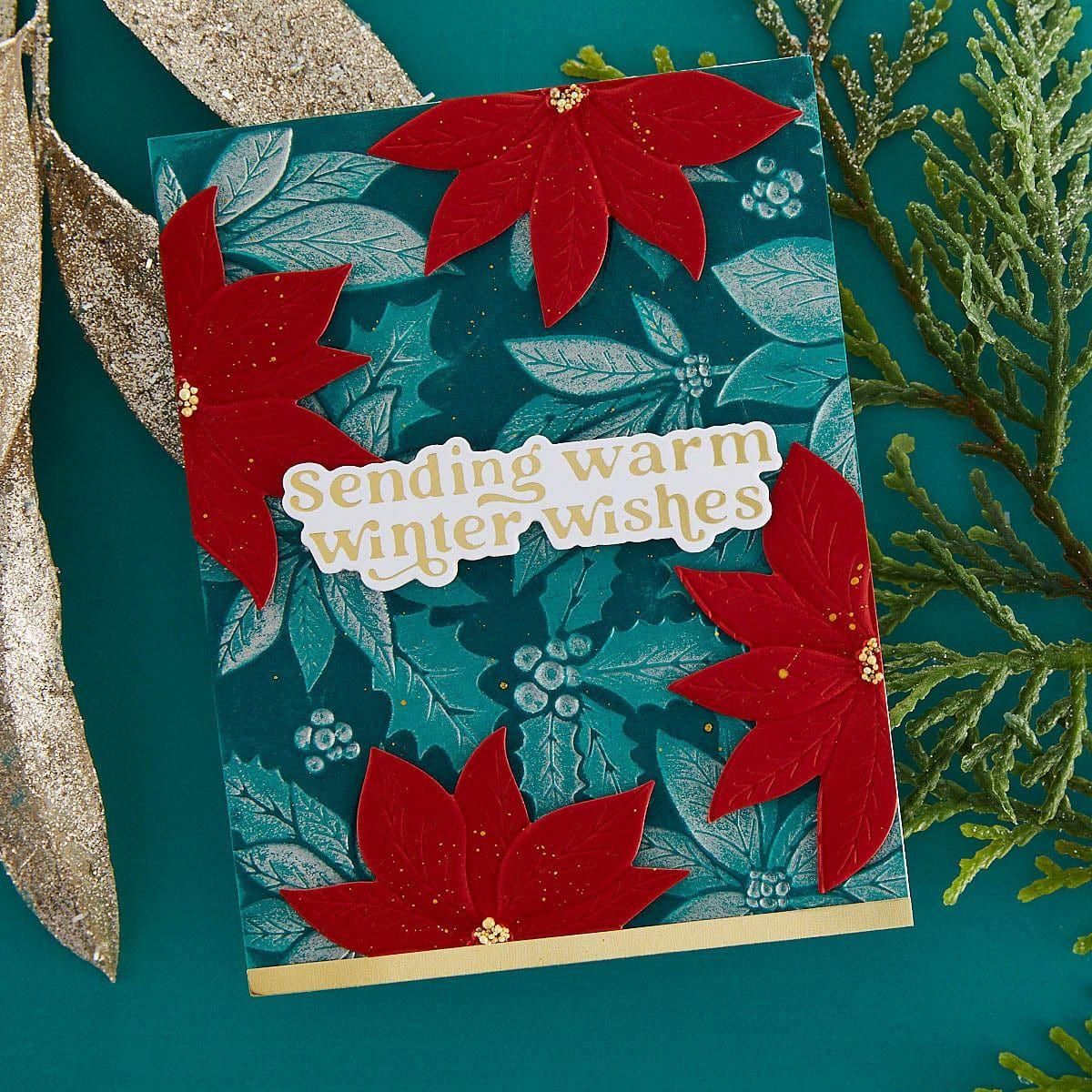 Spellbinders Wonderful Winter Sentiments Press and Foil Plate and Die Set bp-391 poinsettia flowers leaves sending warm winter wishes card