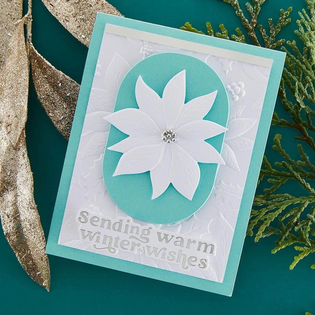 Spellbinders Wonderful Winter Sentiments Press and Foil Plate and Die Set bp-391 white flower blue trim border sending warm winter wishes card
