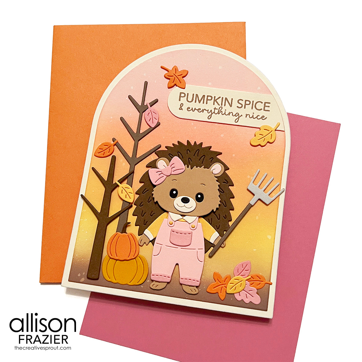 Spellbinders Woodland Trio Etched Dies s5-738 hedgehog wearing pink overalls fall leaves pink bow card allison frazier