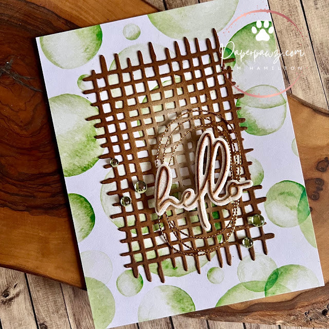 Spellbinders Woven Lattice Texture Etched Dies s4-1344 green circle background hello card kim hamilton | color-code:ALT01