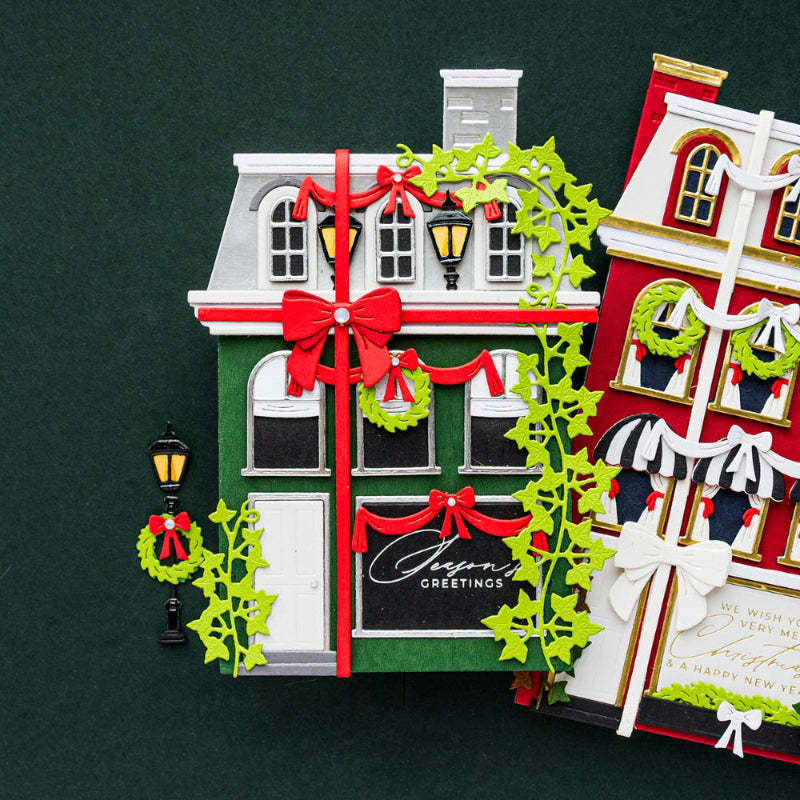 Spellbinders Wrapped Up City Holiday Etched Dies s4-1574 red bow ribbon green house wreath lamp post card yana smakula