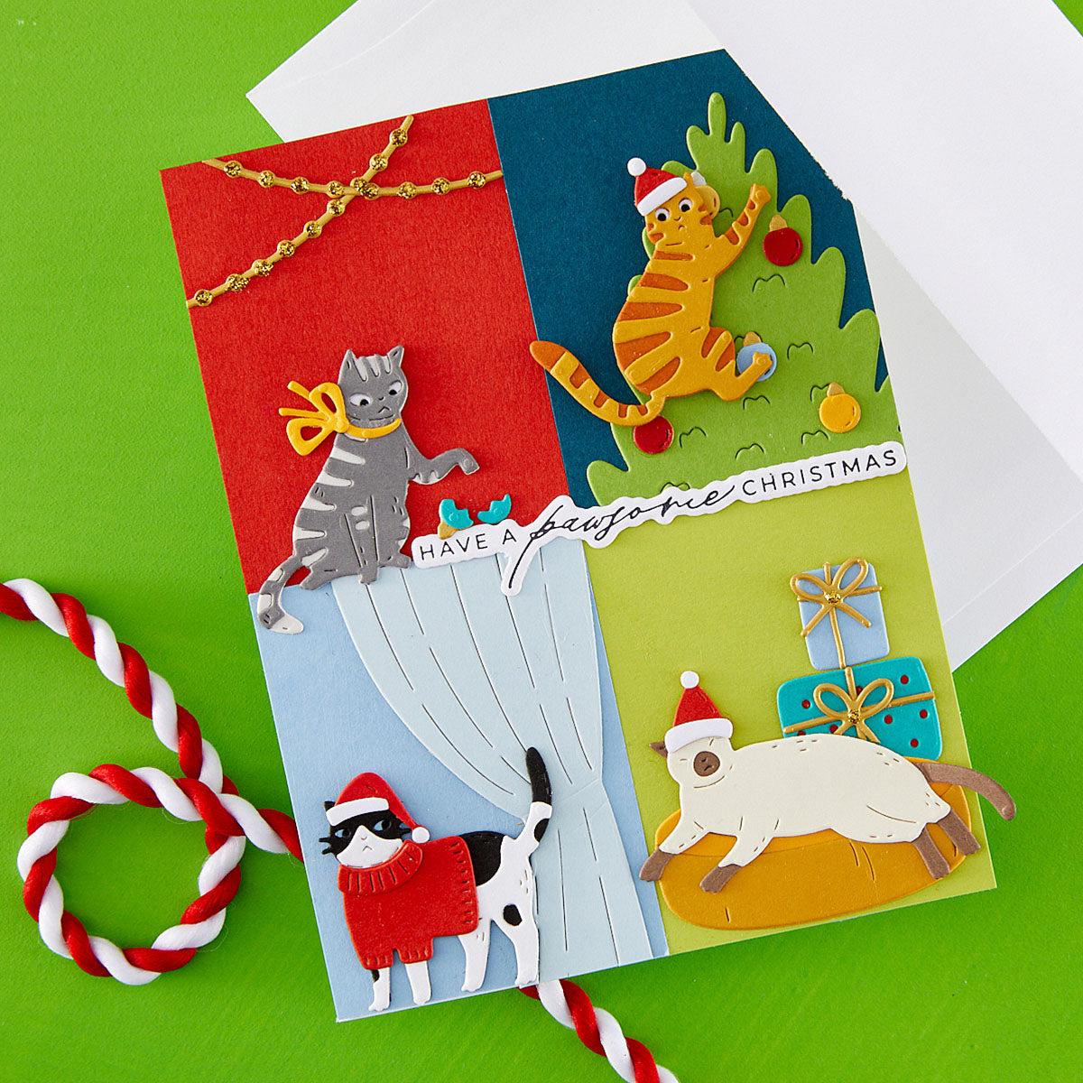 Spellbinders Yana's Christmas Cats I Want It All Press and Foil, Die and Folder Bundle have a pawsome christmas full of cats card