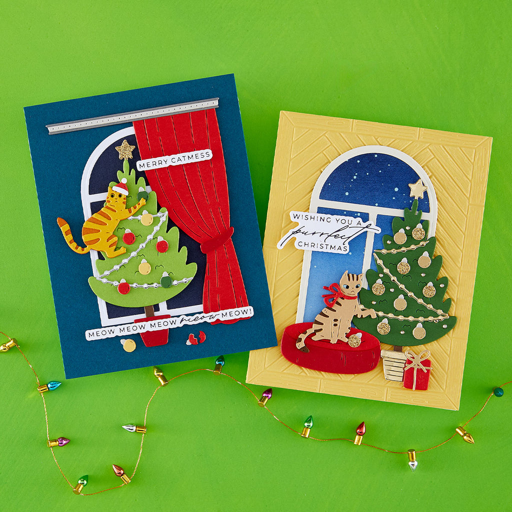 Spellbinders Yana's Christmas Cats I Want It All Press and Foil, Die and Folder Bundle kittens playing with christmas trees