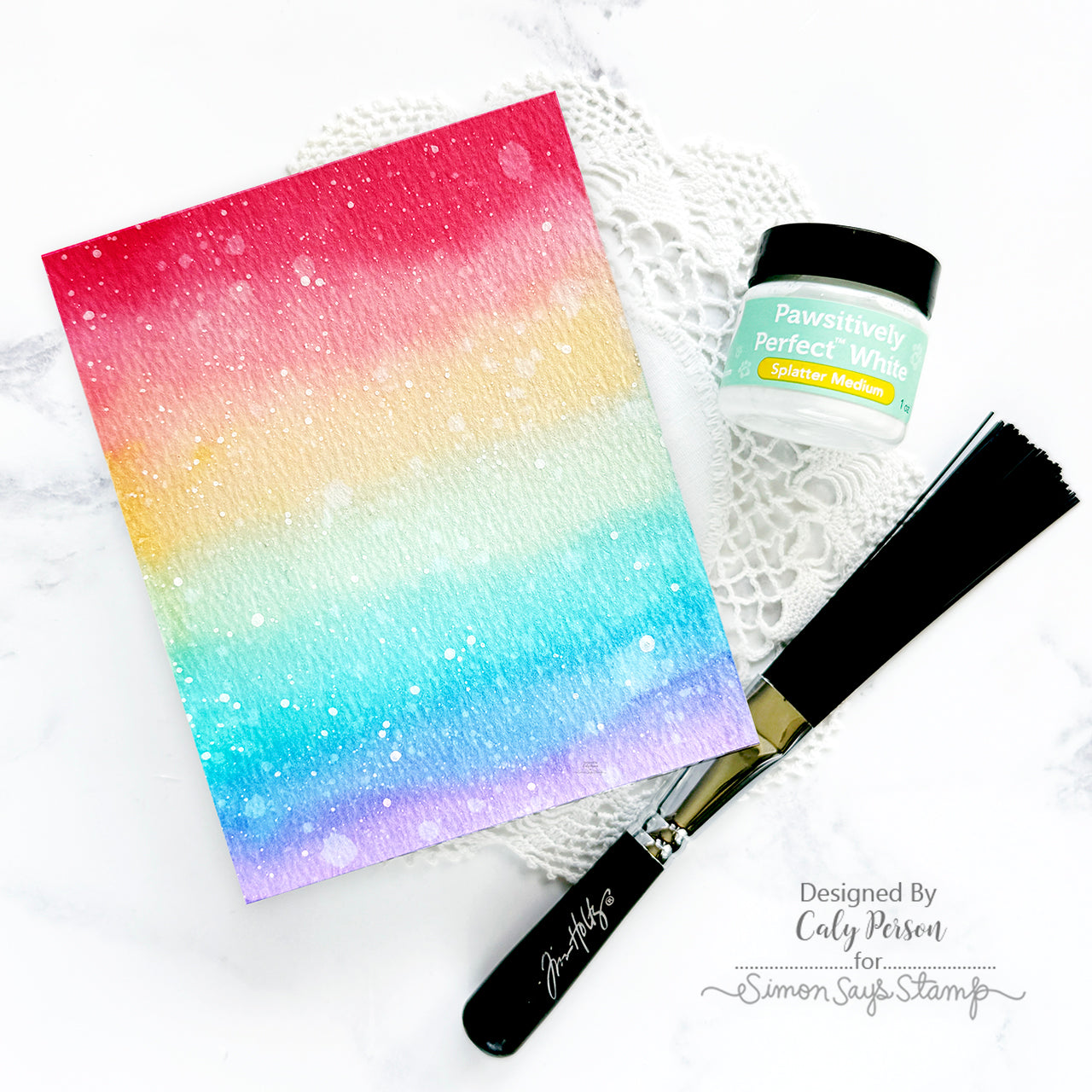 Simon Says Stamp Pawsitively Perfect White Splatter Medium and Tim Holtz Splatter Brush set1023sp Happy Camper