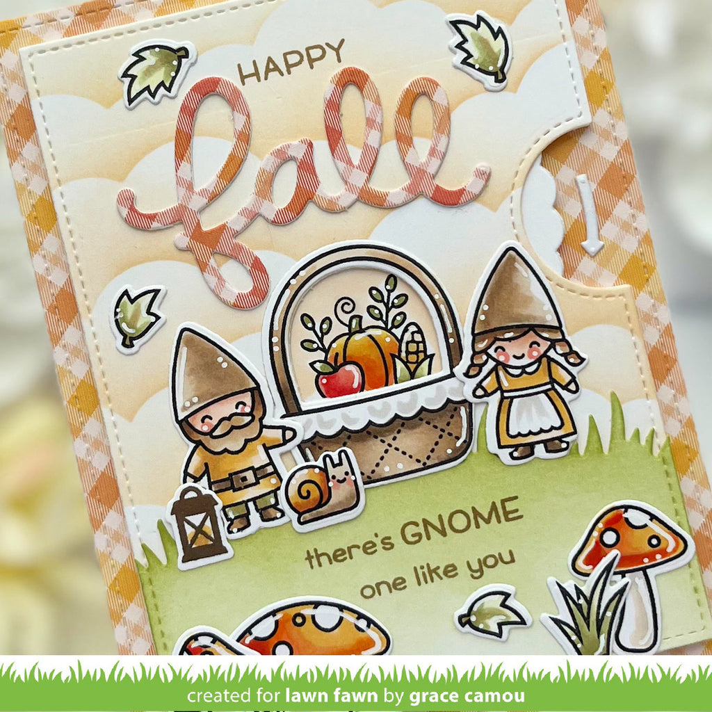 Greeting card with cartoon gnomes and autumn elements, featuring text 'Happy Lao' and 'there's GNOME one like you'.