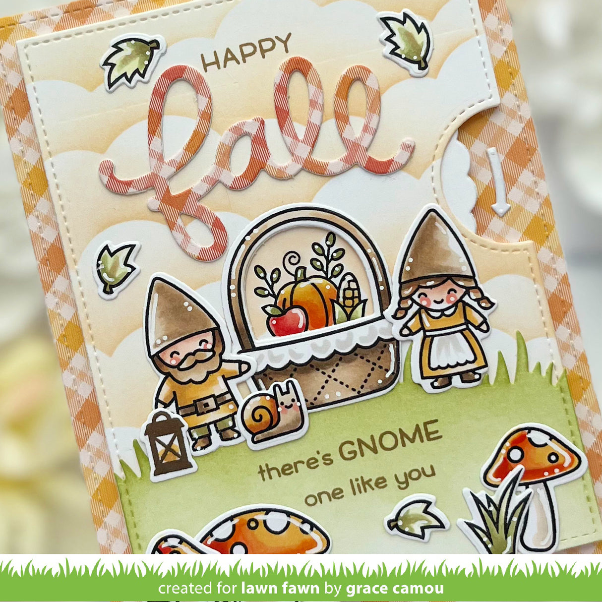 Greeting card with cartoon gnomes and autumn elements, featuring text 'Happy Lao' and 'there's GNOME one like you'.