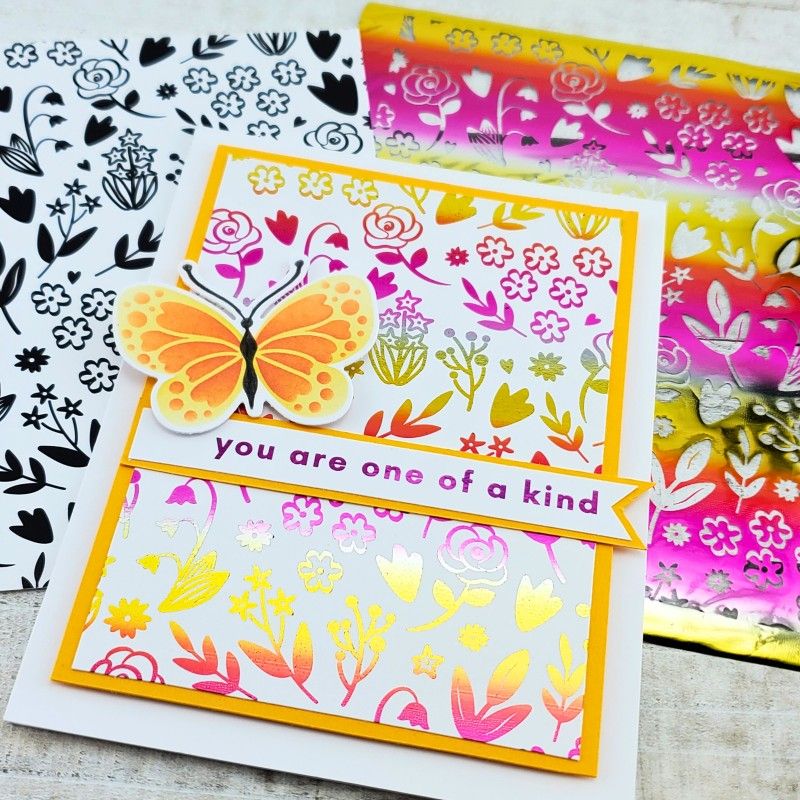 Spring card with ombre foiling and sentiment 'you are one of a kind' with butterfly