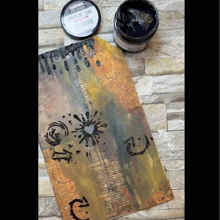 Stamperia Black Sparkling Coat Mixed Media Paste k3p80 tag with sparkle graffiti marks