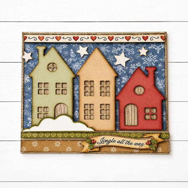 Stamperia Christmas Laser Cut Paper Shapes sbcu002 colored houses snowflakes stars card