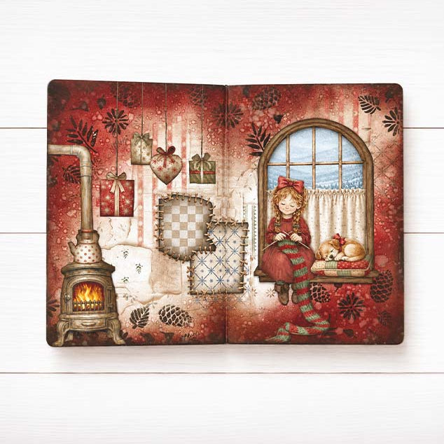 Stamperia Christmas Pinecones Pattern 10x5 Stencil kstdl171 little girl sitting on window with dog fireplace presents card