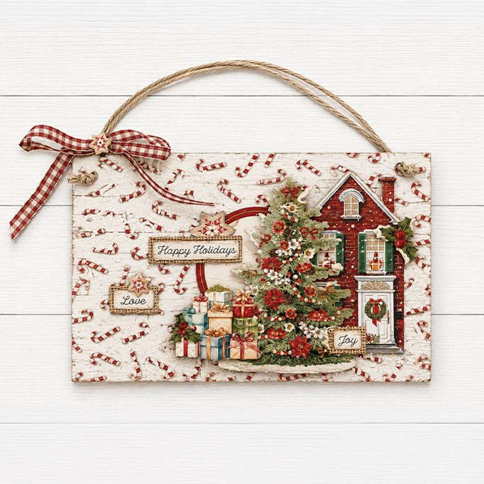 Stamperia Christmas Ribbons and Gingerbread 5x5 Stencil kstds74 candy cane background red house happy holidays card