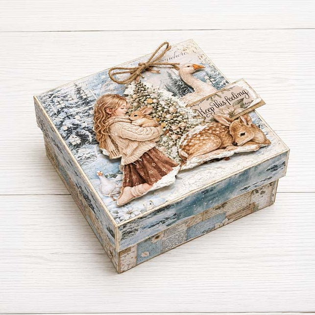 Stamperia Christmas Village 8x10 Stencil kstd217 girl holding bunny deer christmas tree box