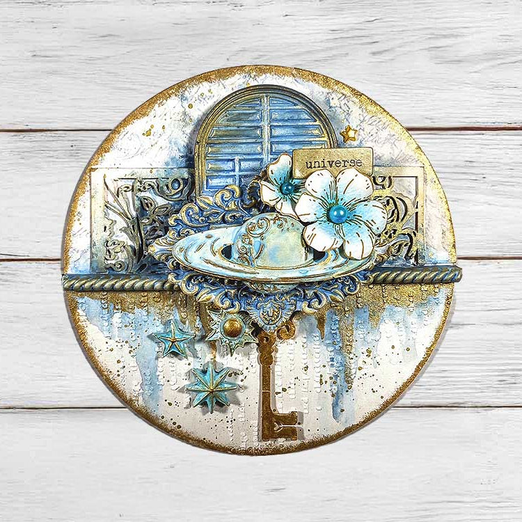 Stamperia Cosmos Backgrounds A6 Rice Paper dfsak6060 flower blue pearls gold key universe circle card 