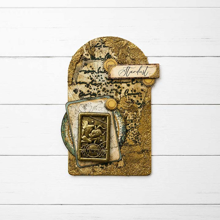 Stamperia Cosmos Handwriting 8x10 Stencil kstd219 stardust gold taurus card gold arch card 