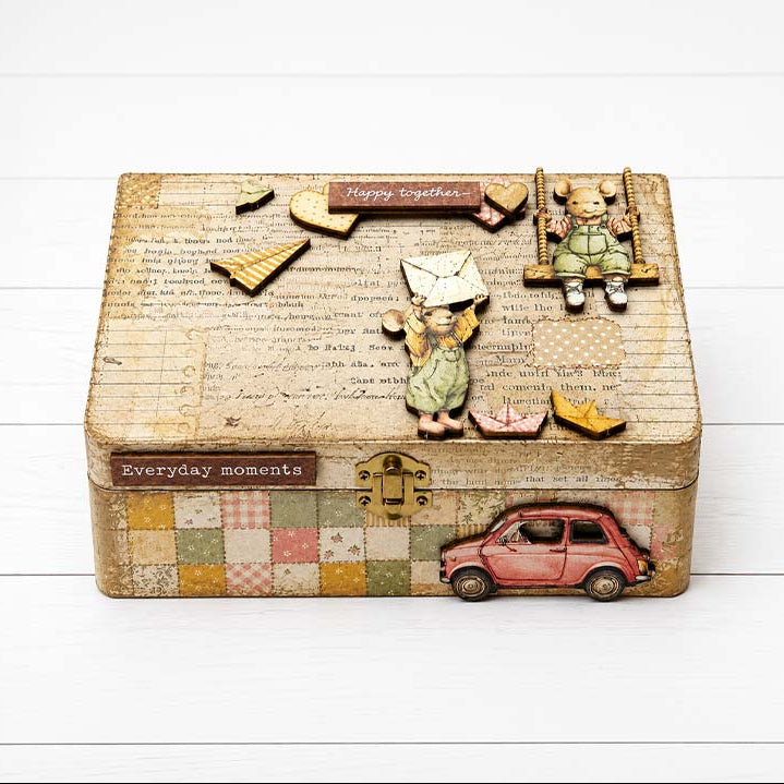 Stamperia Cozy Family Backgrounds A6 Rice Paper dfsak6063 paper plane mouse holding letter red card colored squares box
