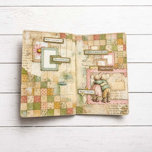 Stamperia Cozy Family Backgrounds A6 Rice Paper dfsak6063 pattern squares background mice hugging see possibility card journal