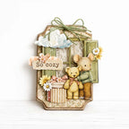 Stamperia Cozy Family Die Cuts dfldc145 mouse holding teddy bear cloud green ribbon bog tag card