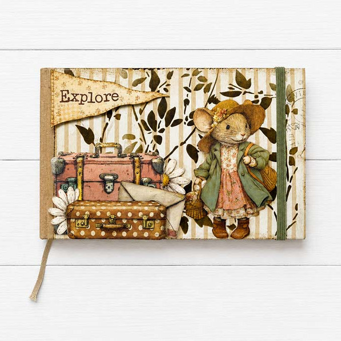Stamperia Cozy Family Ephemera dflct93 mouse in dress explore suitcases green band card