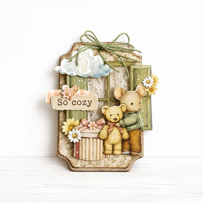 Stamperia Cozy Family Focus Points Junk Journal sbjks11 green window mouse holding teddy bear flowers so cozy tag card