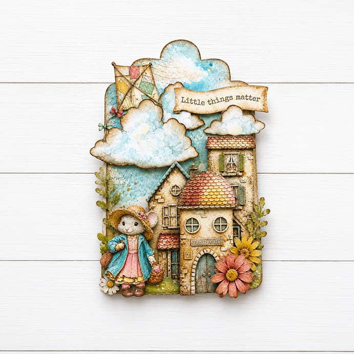 Stamperia Cozy Family Junk Journal sbjk32 kits clouds mouse in dress houses flowers little things matter card