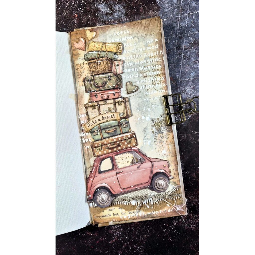 Stamperia Create Happiness Mixed Media 4x8.5 Journal jch04 stack of suitcases on top of red card take a breath card vicky papaioannou | color-code:ALT02