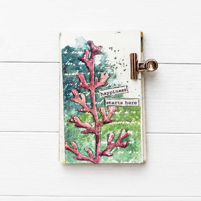 Stamperia Flowers And Poems Art Journaling Selection bjs004 blue green background coral reef happiness starts here card