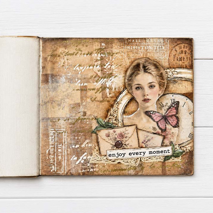 Stamperia Flowers And Poems Art Journaling Selection bjs004 pink butterfly clock envelope enjoy every moment journal