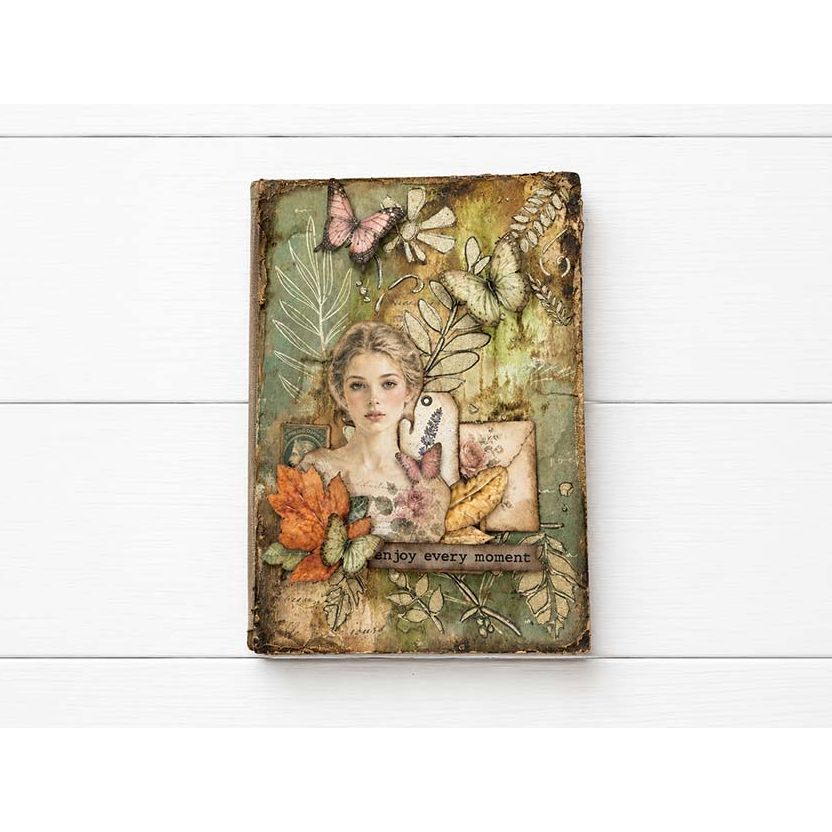 Stamperia Flowers And Poems Backgrounds A6 Rice Paper dfsak6062 butterflies leaves enjoy every moment card
