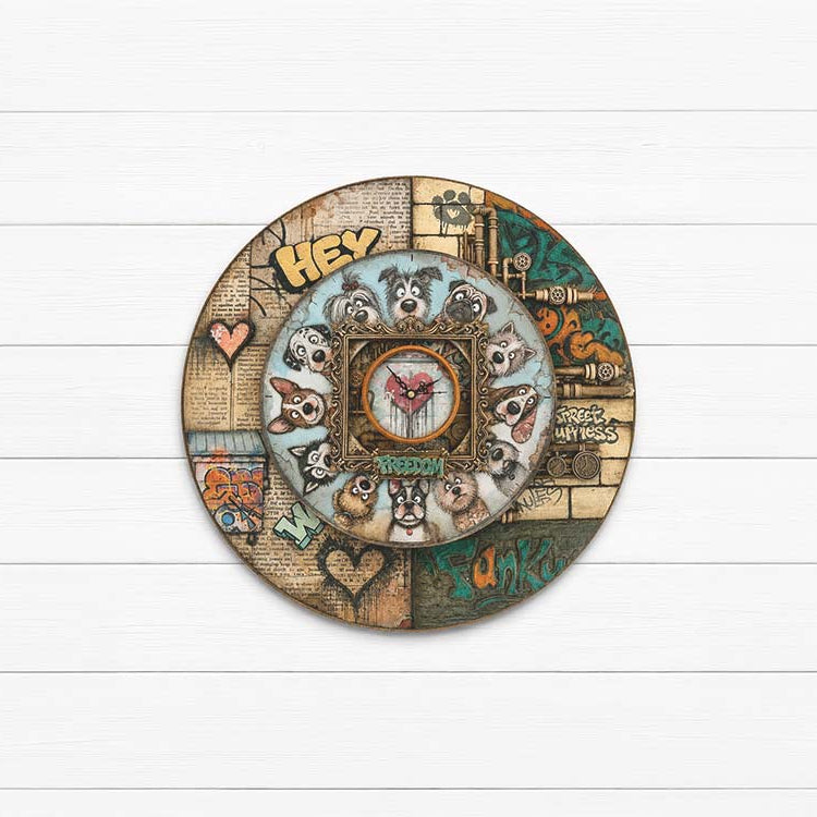 Stamperia Furry Friends 2 12x12 Paper sbbl194 circle of dogs hearts gears and piped clock