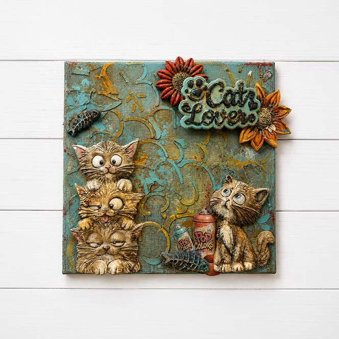 Stamperia Furry Friends 2 Cats A5 Silicone Mould kacma626 flwoers fish bones paint cans card