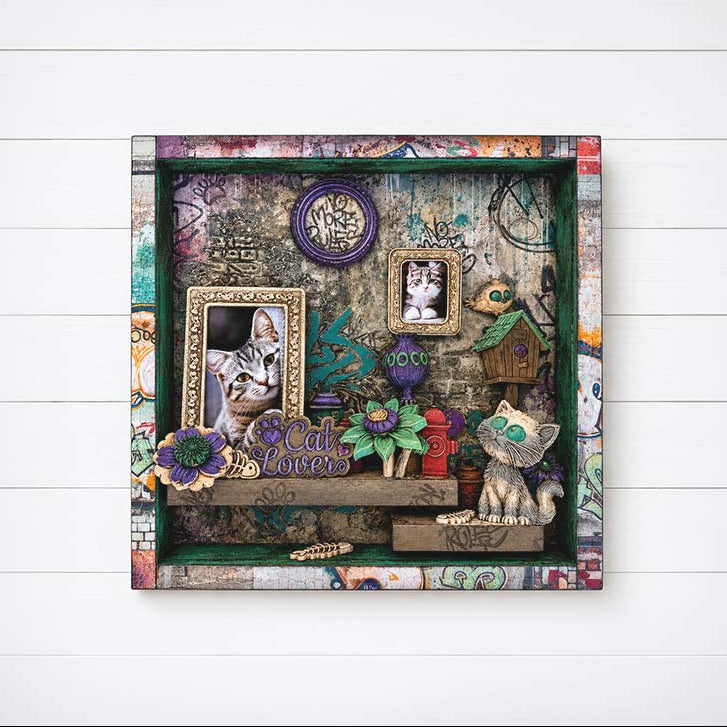 Stamperia Furry Friends 2 Cool Street Bricks 10x5 Stencil kstdl181 pictures of cats purple green flowers birdhouse cat lovers box card