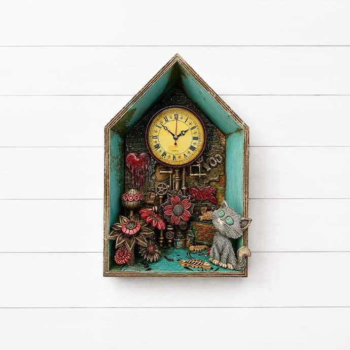 Stamperia Furry Friends 2 Flowers A5 Silicone Mould kacma628 grey cat clock heart piped and gears house card