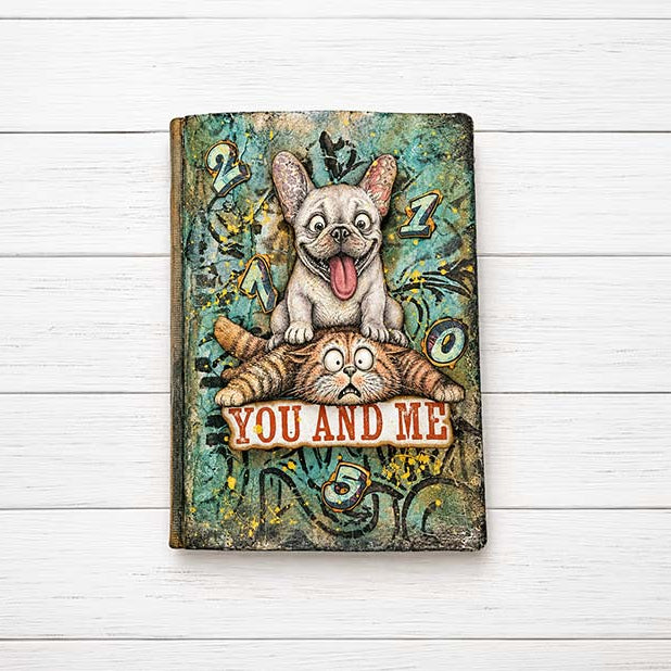 Stamperia Furry Friends 2 Graffiti 8x10 Stencil kstd226 dog jumping on cat you and me card