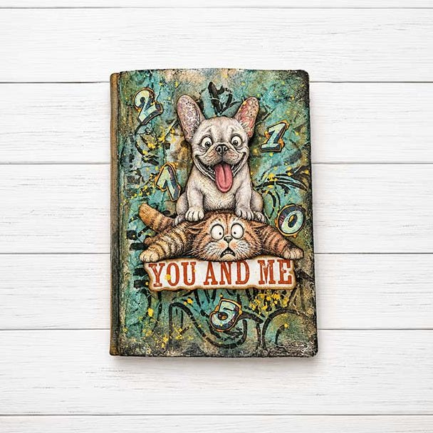 Stamperia Furry Friends 2 Junk Journal Focus Points sbjks12 dog jumping on cat numbers you and me card
