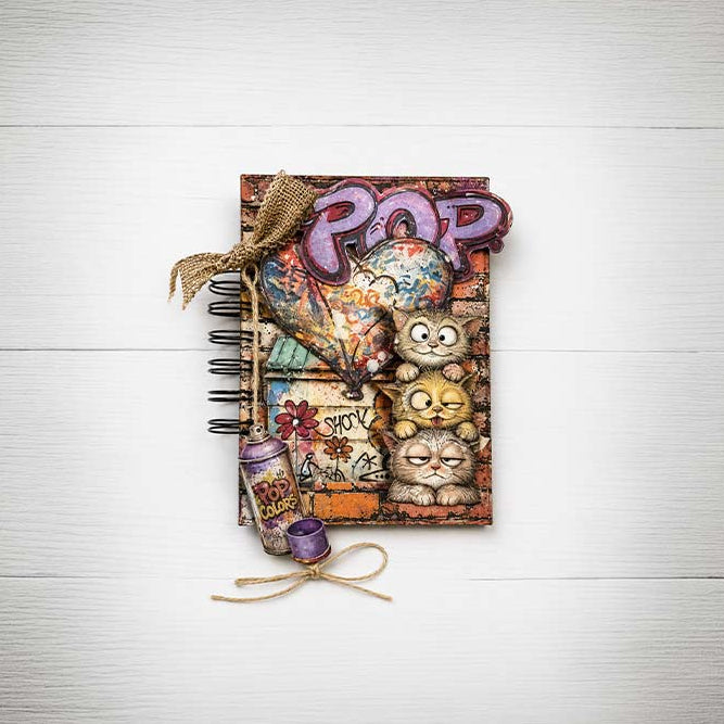 Stamperia Furry Friends 2 Junk Journal Focus Points sbjks12 paint can cats pop graffiti heart journal card