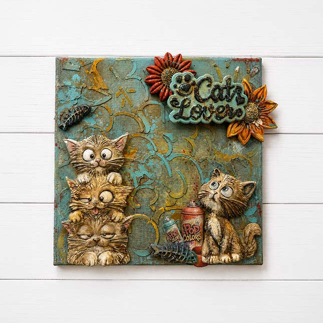 Stamperia Furry Friends 2 Pop Art Pattern 8x10 Stencil kstd227 cats fish bones paint cans flowers card
