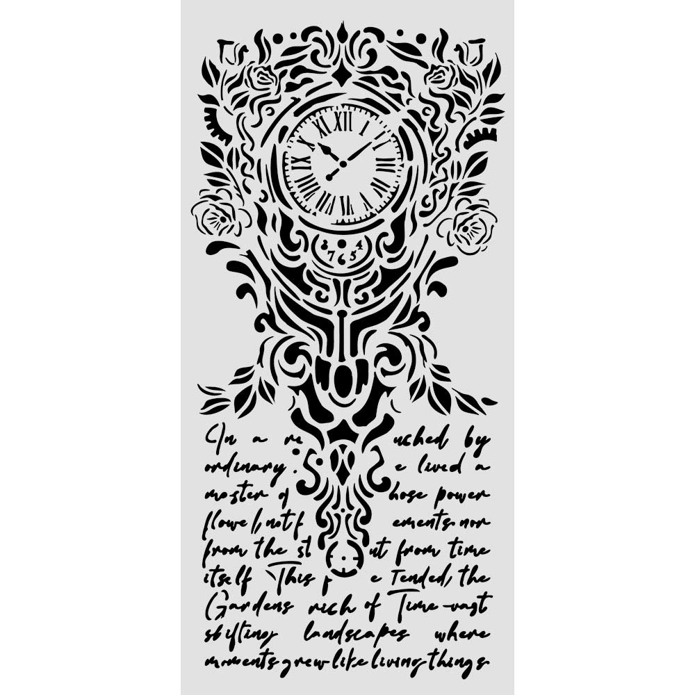Stamperia Gardens of Time Clock And Writing 10x5 Stencil kstdl157