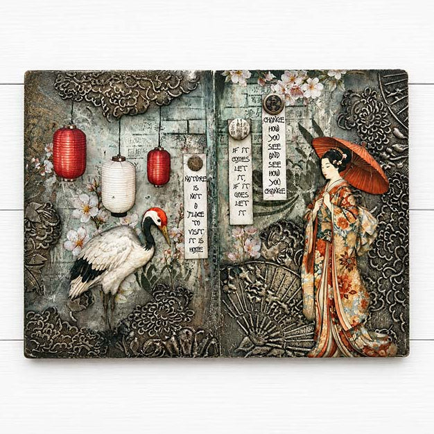 Stamperia Oriental Garden Fans 8x10 Stencil kstd213 bird lanterns umbrella card