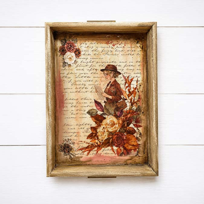 Stamperia Our Way Backgrounds A6 Rice Paper dfsak6061 roses woman holding paper letter writing background tray