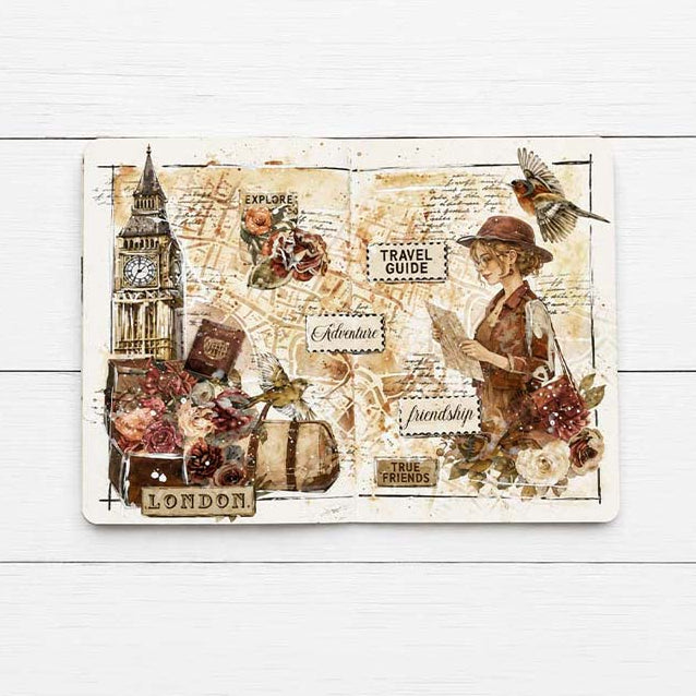Stamperia Our Way Rub Ons dflrbxg15 birds explore suitcase with flowers woman wearing hat journal