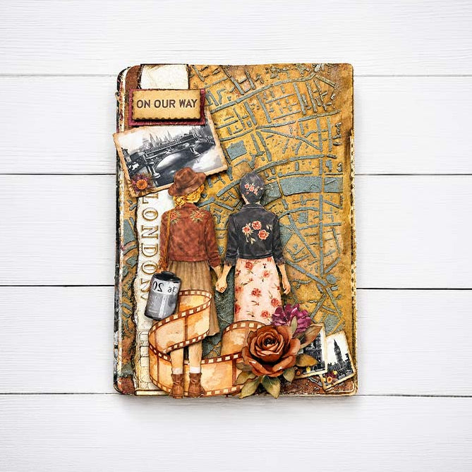 Stamperia Our Way Street Map Stencil kstd225 photo strip rose woman holding hands on our way card