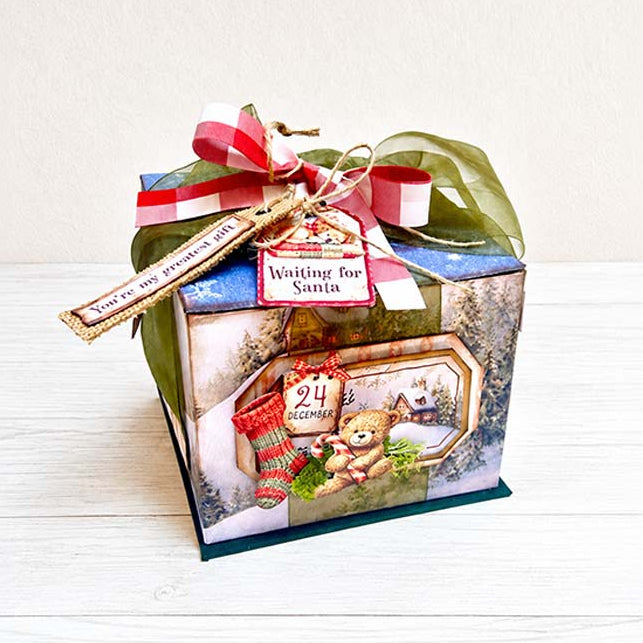 Stamperia Silent Night Die Cuts dfldc140 teddy bear holding candy cane stocking waiting for santa box