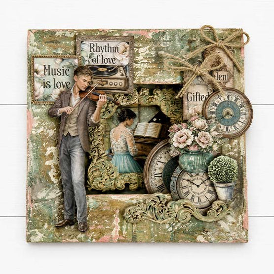 Stamperia Symphony 12x12 Paper sbbl188 man playing violin piano clocks plants rhythm of love card