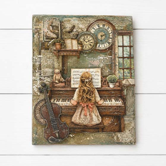 Stamperia Symphony Musical Instruments A5 Silicone Mold kacma615 girl playing piano clocks bass violin books card