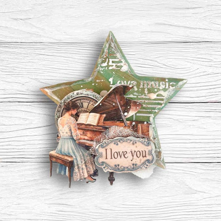 Stamperia Symphony Violin 8x10 Stencil kstd210 piano clock i love you star background 