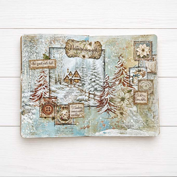 Stamperia White Christmas 8x8 Paper sbbs146 house trees button 