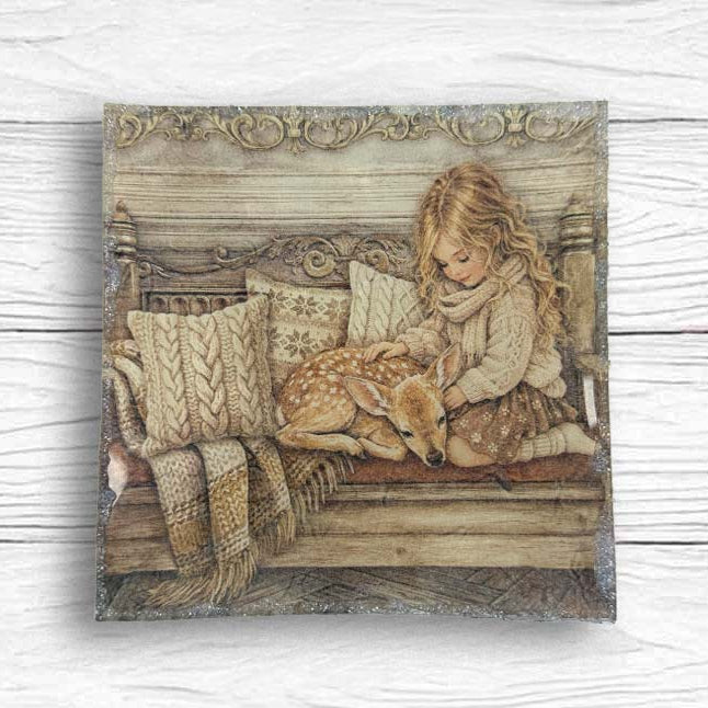 Stamperia White Christmas 8x8 Paper sbbs146 little girl with deer bench pillows