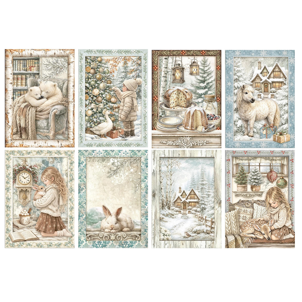 Stamperia White Christmas A6 Mini Rice Paper dfsa6x10 horse desserts bunny