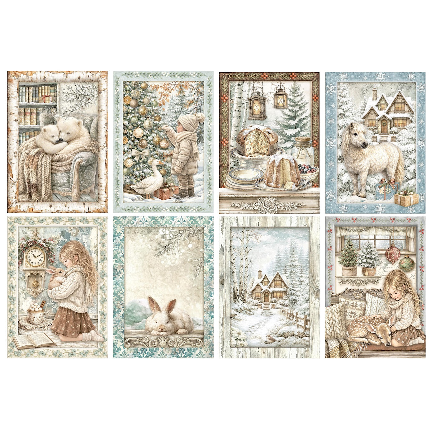 Stamperia White Christmas A6 Mini Rice Paper dfsa6x10 horse desserts bunny